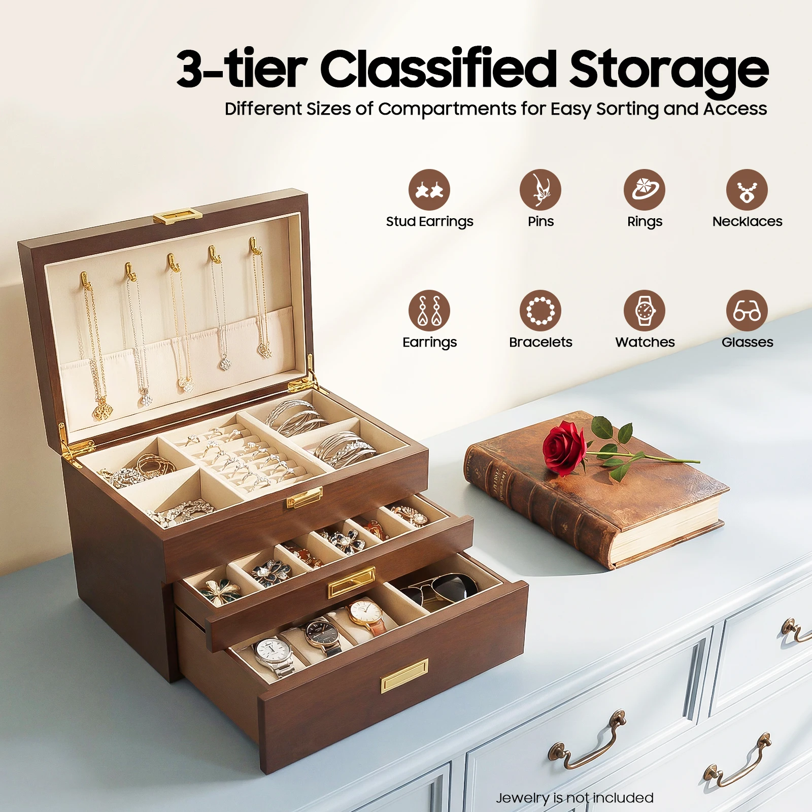 

Elegant 3-Layer Wooden Jewelry Box with Pull-Out Drawers and Necklace Hooks