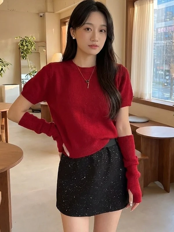 

Весна 2026: Красный свободный вязаный свитер-пуловер для женщин – комфортный, мягкий, средней толщины, однотонный, теплый, модный