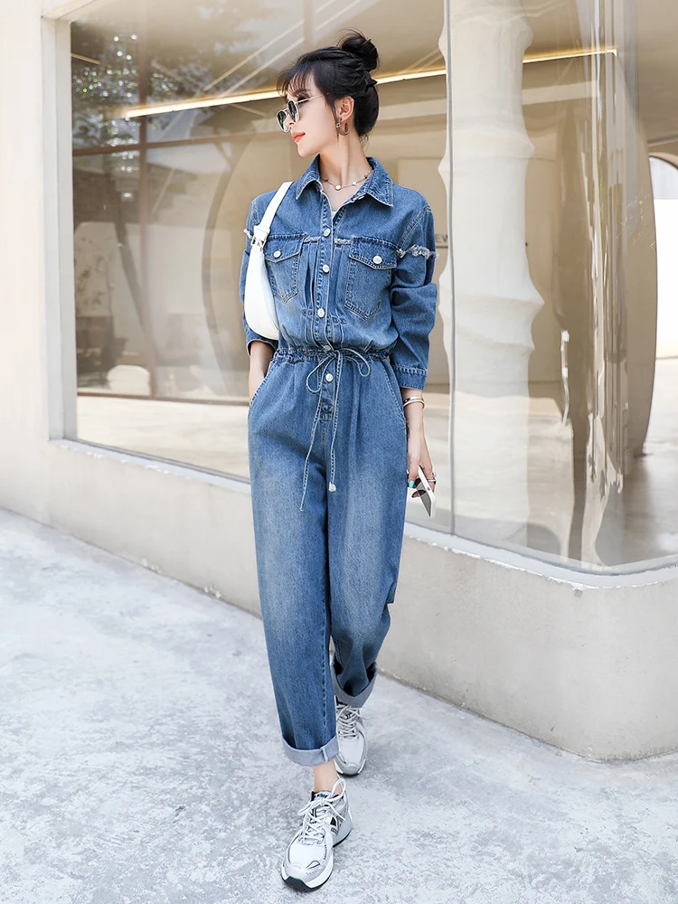 

Faionable Denim Overalls Set Women's Spring Summer New Sle Slimming Workwear Dr High Waist Straight Leg Pants