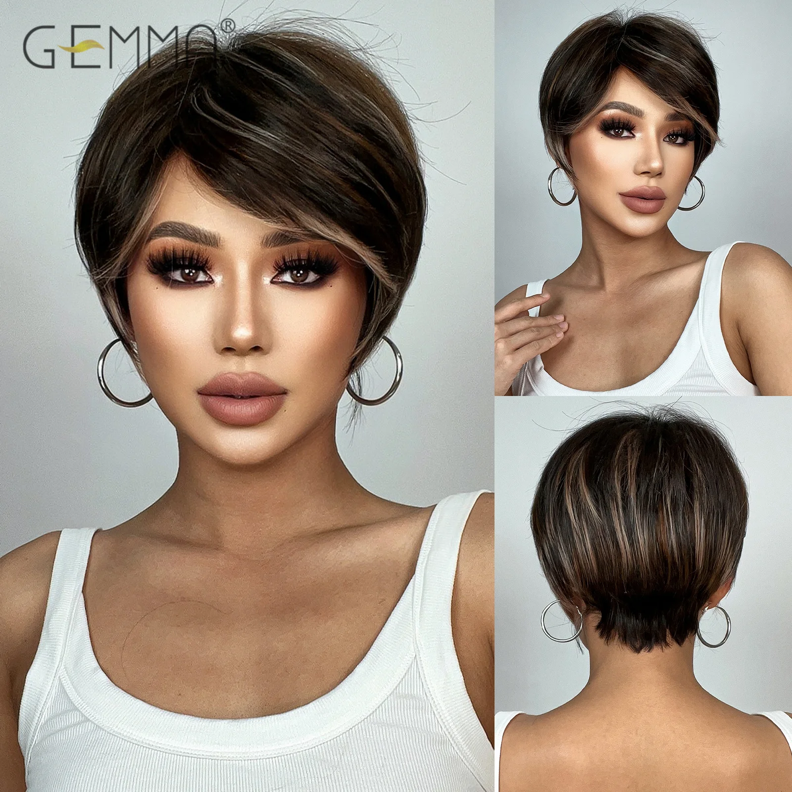 

GEMMA Synthetic Blonde Highlight Brown Short Straight Wig Natural Pixie Cut Hair Wigs for Black Women Heat Resistant Cosplay