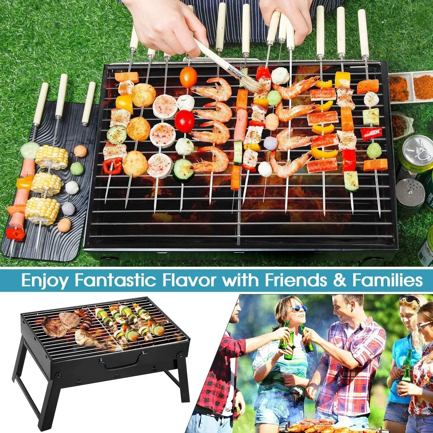 New Portable Grill BBQ Charcoal Grill Mini Grill Stainless Steel Tool Kit Outdoor Cooking Camping Picnic Beach Camping Grill