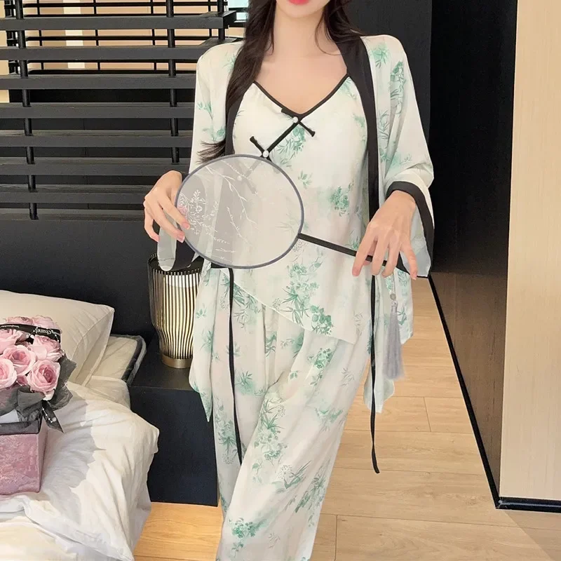 

Sexy Three Pieces Set Women Pajamas Satin Loungewear Cami&pant&cardigan Sleepwear Print Flower Home Clothes Outwear Nightwear
