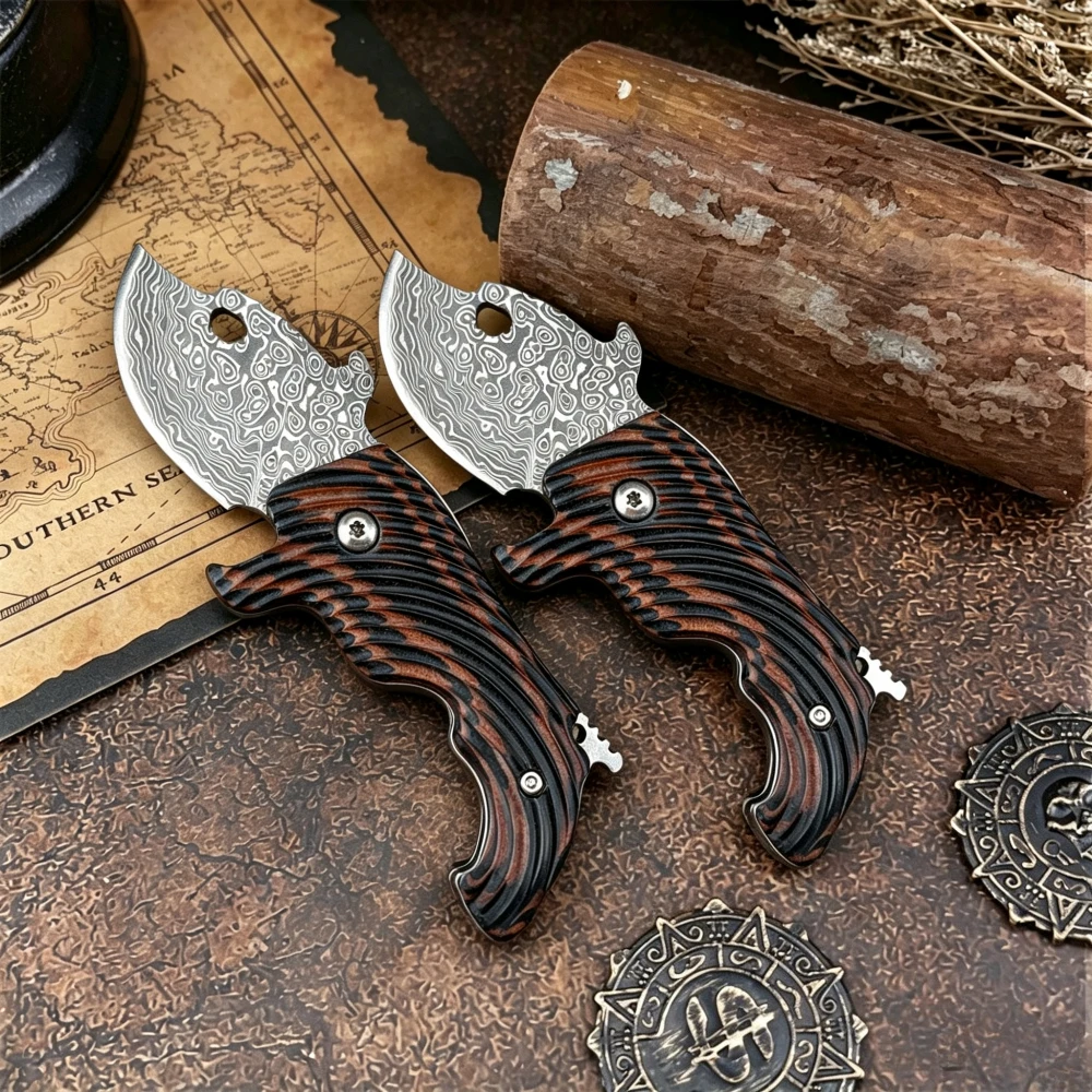 New Mini Damascus Folding Knife with Two-Tone G10 Handle—Everyday, Camping, Jungle, and Outdoor Pocket Tool—Perfect Gift