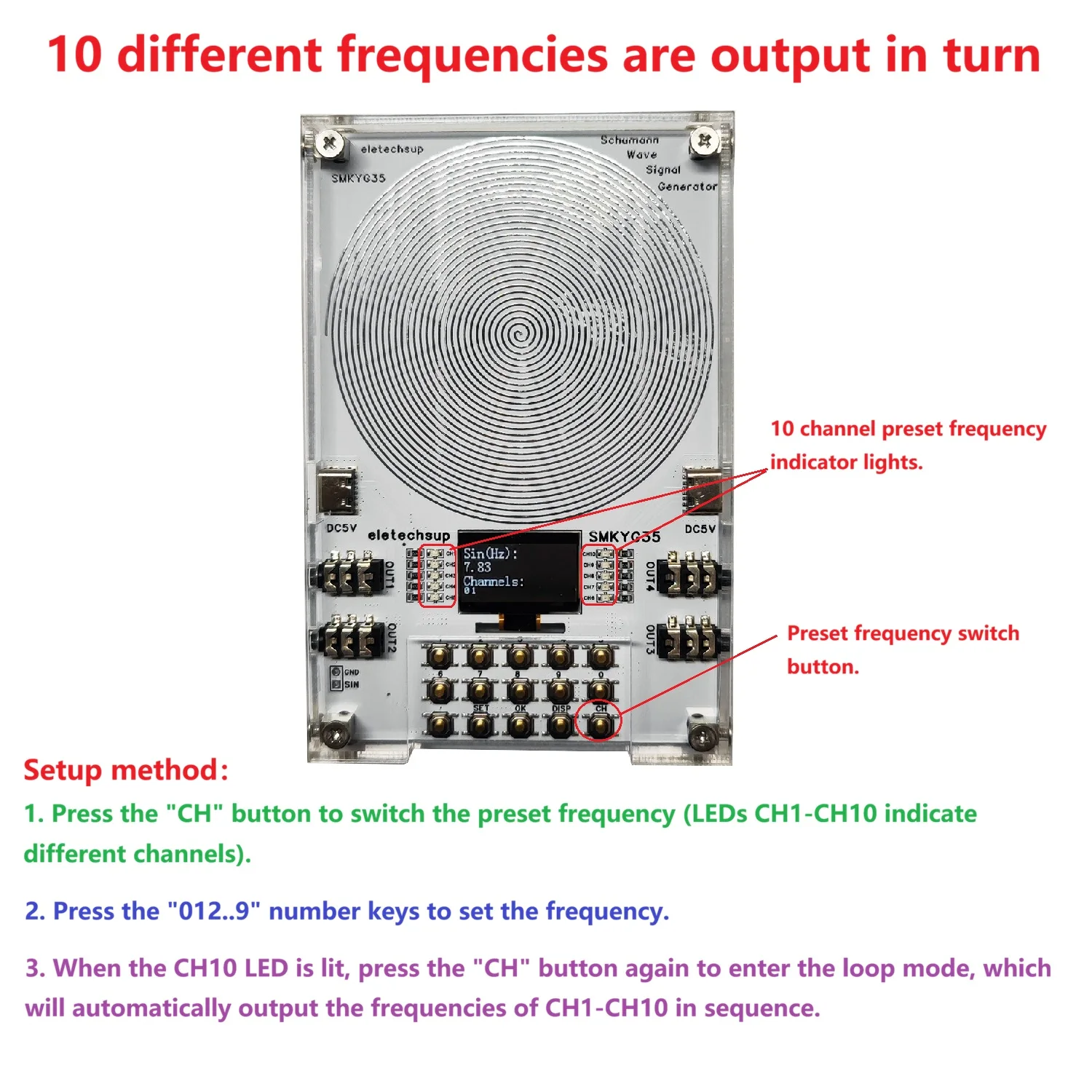 10 Preset Channels Schumann Resonance Generator, 0.01Hz-100kHz Adjustable Pure Sine Wave Signal Generator, Meditation Relaxation