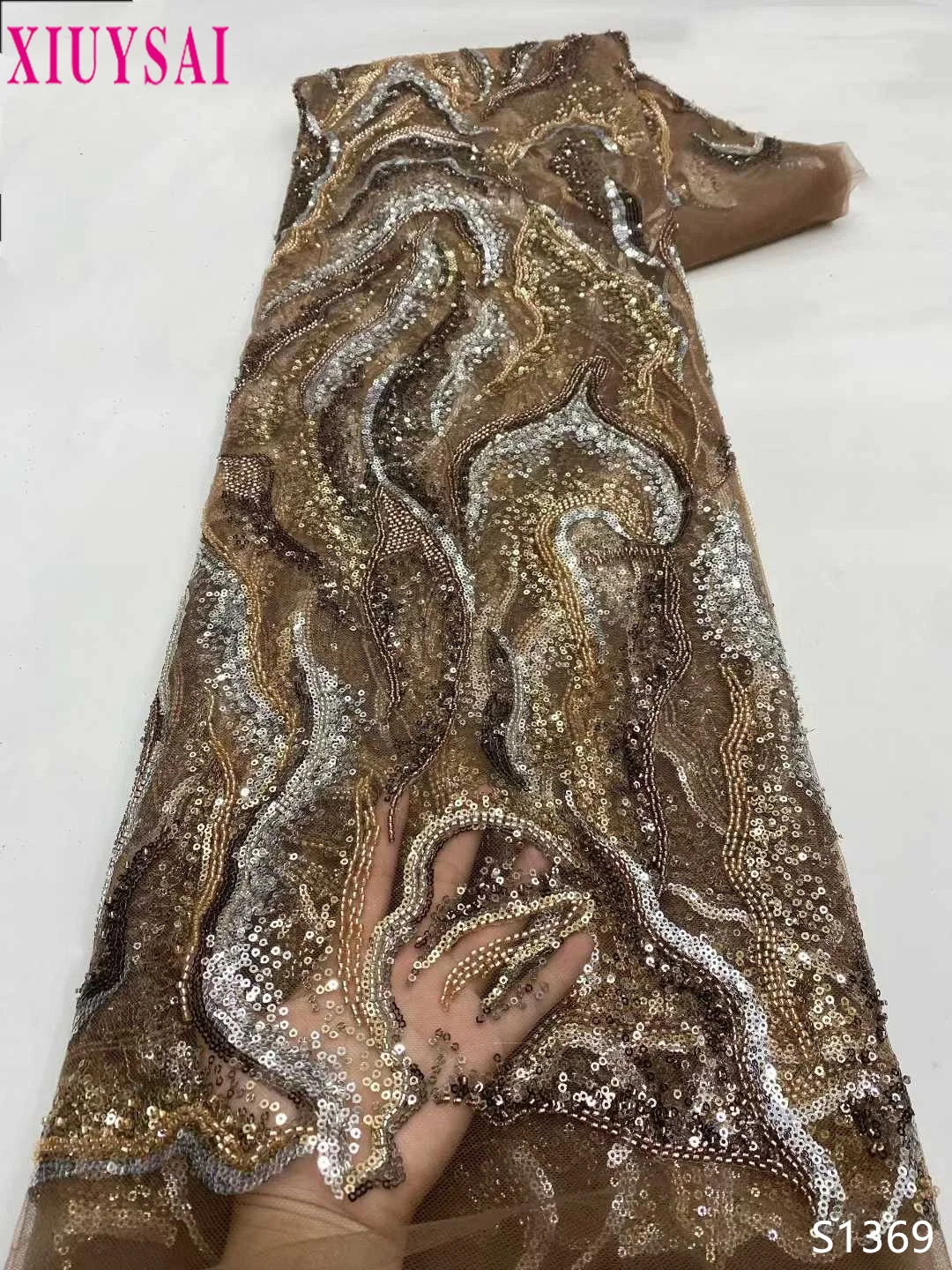 

African Beaded Lace Fabric 2026 High Quality French Mesh Beaded Decoration Nigerian Bridal Party Dress Fabric