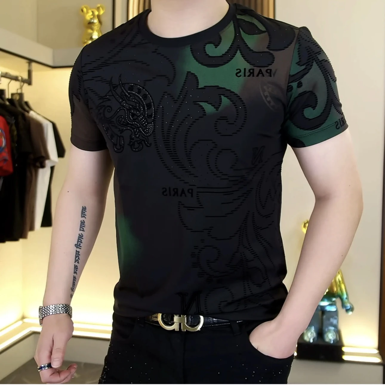 

Модная мужская футболка с круглым вырезом и коротким рукавом, приталенная, с принтом, летняя, новая, дышащая, из полиэфирного волокна.