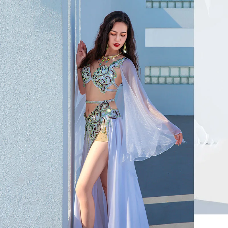 Belly Dance Clothes Suit for Women Oriental Dance Outfit Bra+long Skirt Sleeves 3pcs Customzied Adult Belly Dancing Popsong Set