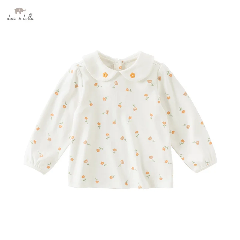 Dave Bella Children's Long Sleeved T-shirt 2025 Girls' New Pure Cotton Sweet Cute Baby Floral Tops Kids Base Shirt DB3242204