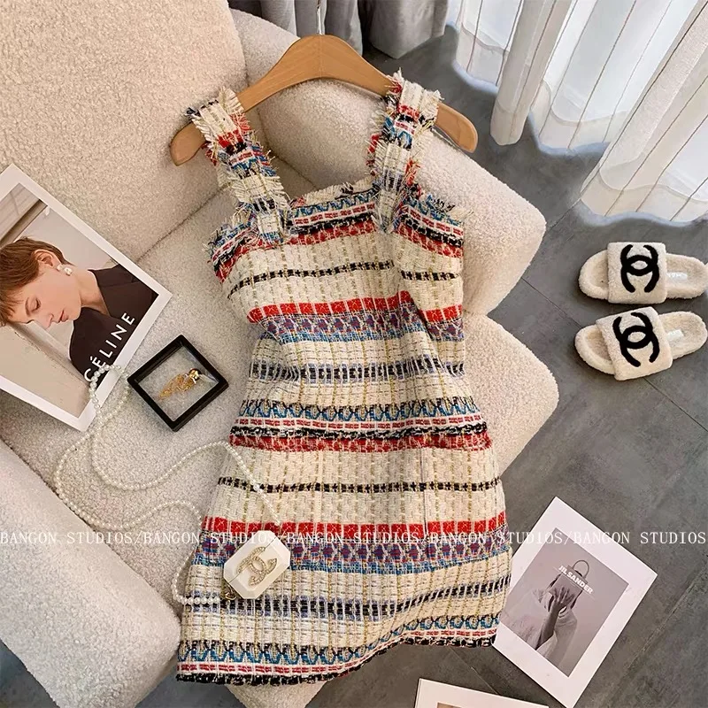 Elegant Casual Sling Tweed Mini Dress For Women Summer Sexy Sleeveless Backless Stripe Strap Party Dress With Pocket Vestidos