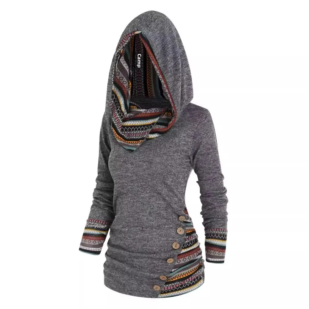Women's Shirt Geometric Stripe Patchwork Cross-Border Tribe Patterned Top Casual Ethnic Style Knitted Long Sleeve Hoodie