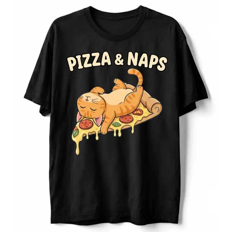 Pizza And Naps T-Shirt Funny Cat Lover Foodie Sleeping Lazy Kitten Gift Tee