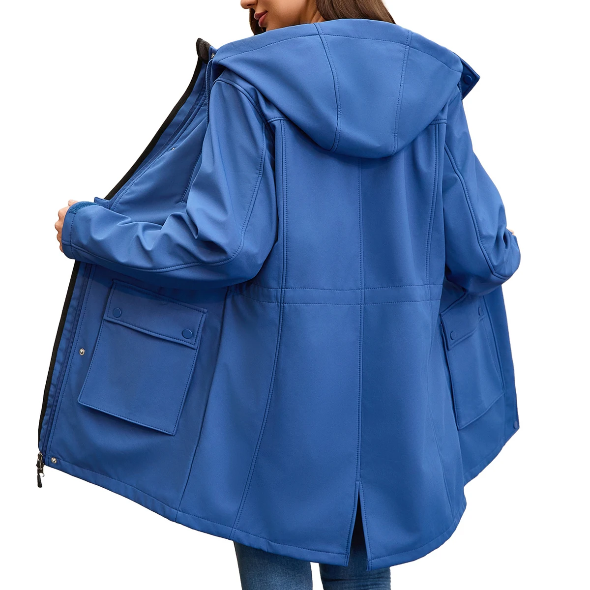 Women Waterproof Hooded Trench Coat Autumn and Winter Jacket Long Plush Raincoat Windbreaker Outdoor Rain Jacket
