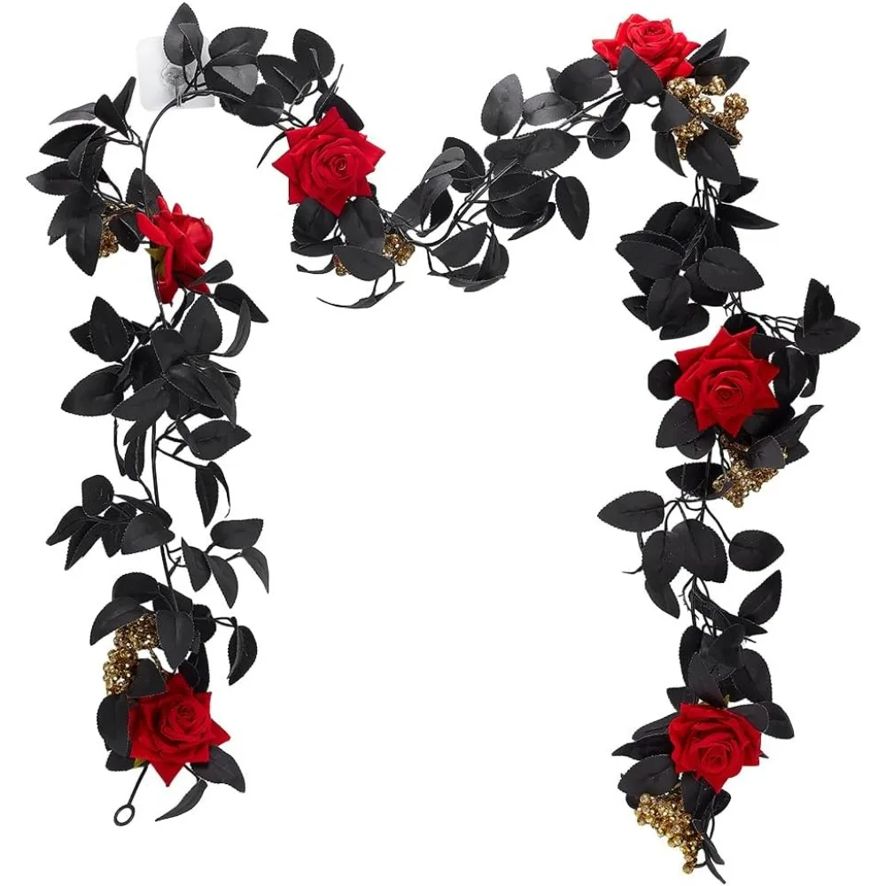 5.7ft Artificial Black Rose Vine Red Flower Vine Garland Floral Wall Hanging Ornaments Garland with Golden Berries Black