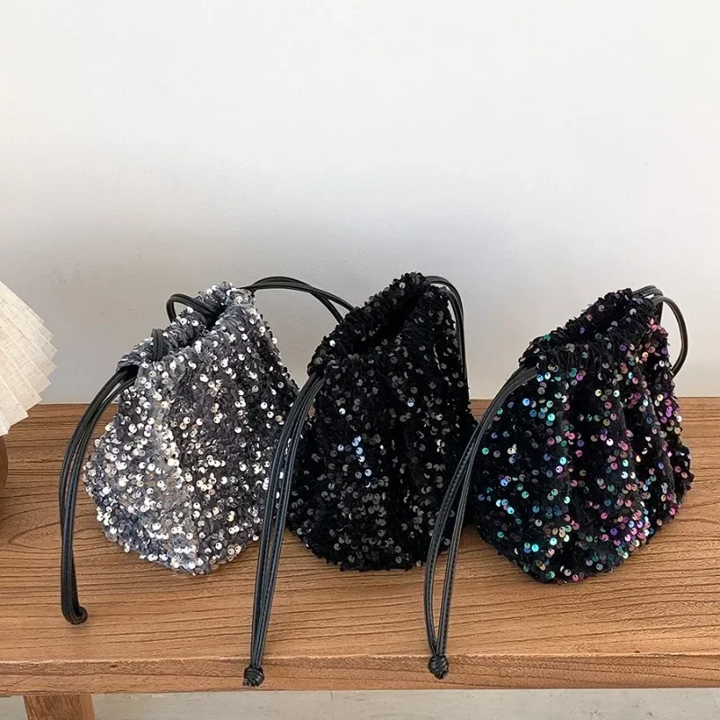 New Trendy Versatile Sequin Crossbody Bags High Quality Women Drawstring Pleated Shoulder Bags Luxury Soft Bucket Handbags Party