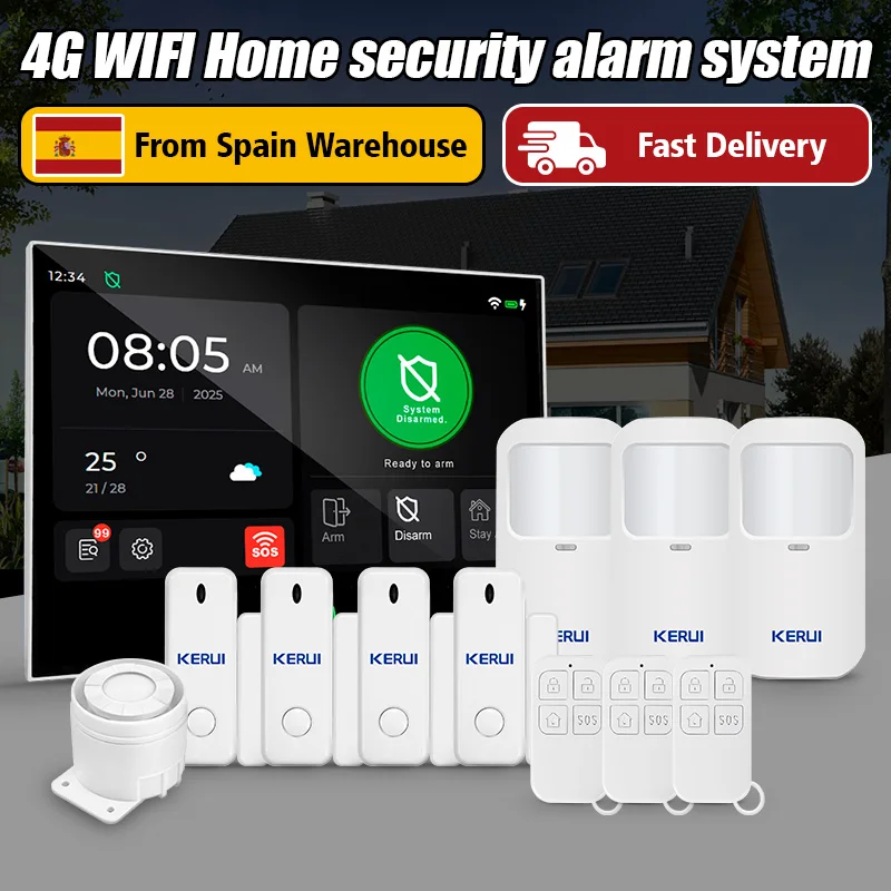 Kit Sistema di Allarme Domestico KERUI con Schermo Touch da 7 Pollici, WiFi+4G, Protezione Antifurto, App Tuya Smart, Sensore PIR 433MHZ