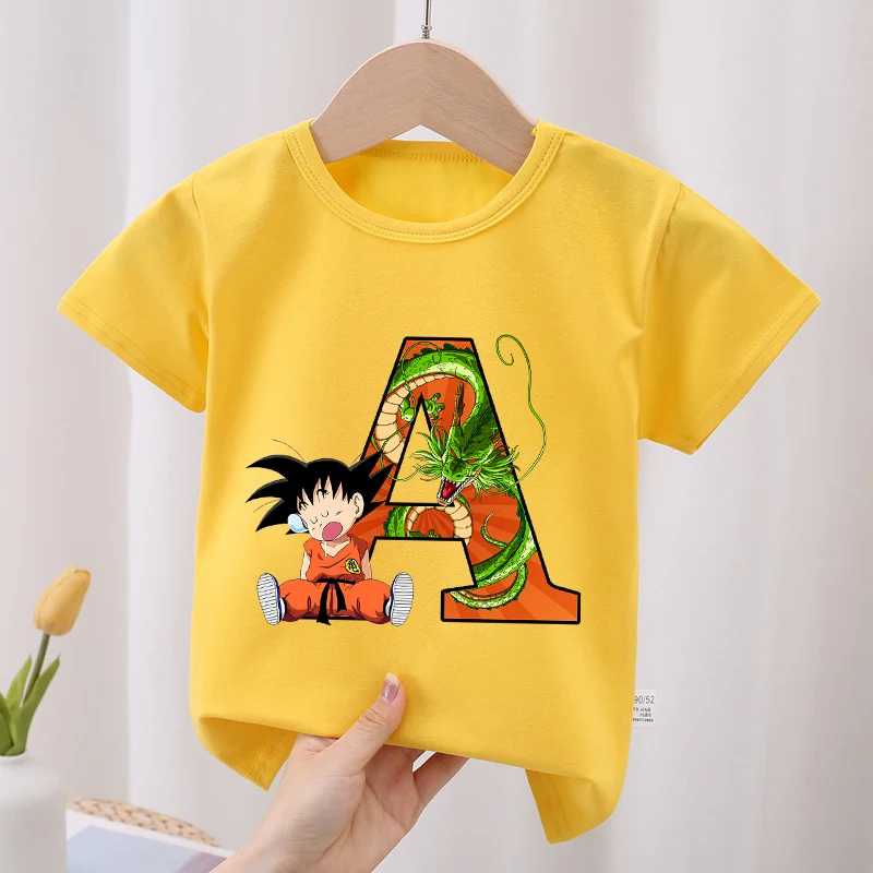 

Dragon Ball Goku T-shirt Letter A-Z Print Tops Cotton Short Sleeve Children Clothing Summer Boys Clothes Fashion Hip Hop Toddler