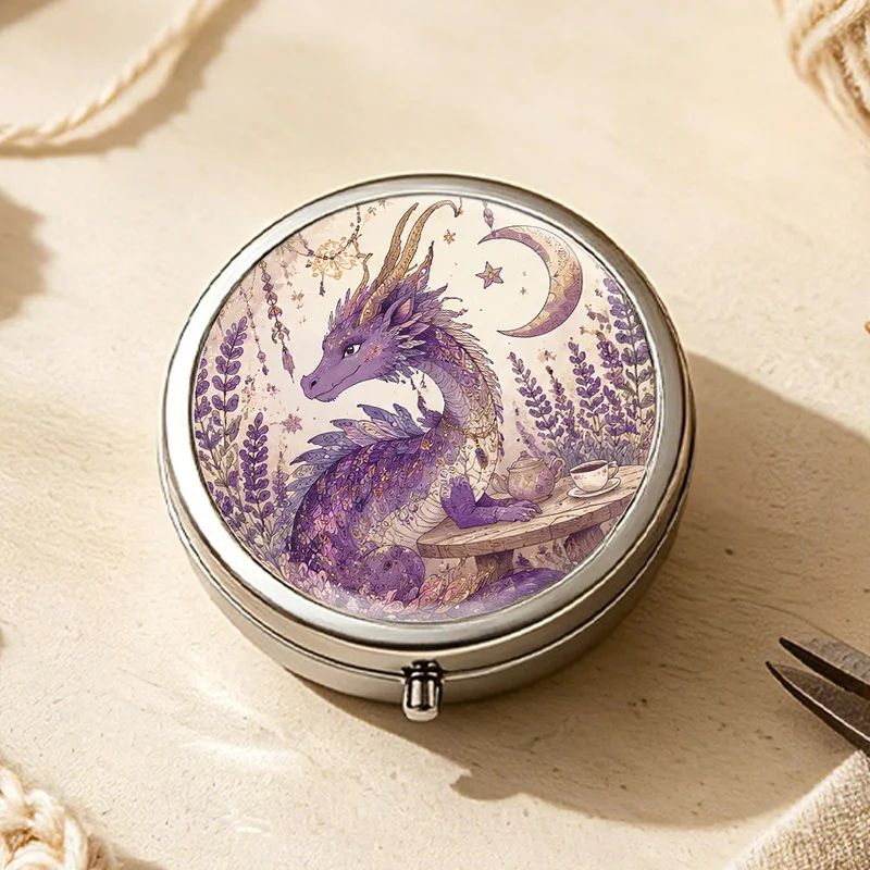 1 piece, flat print, light beige, light purple, lavender, moonlight purple, round multi-compartment portable box, sealed and moisture-proof, portable vitamin storage, soft and dreamy, artistic, suitable for convenient commuting, flat design