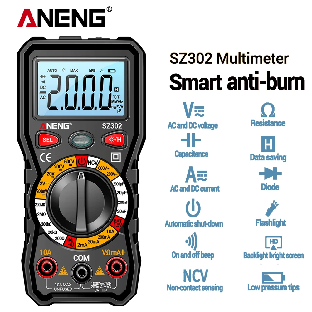 ANENG-multímetro Digital SZ302, probador automático de corriente de voltaje CA/CC, Detector NCV de resistencia, amperímetro de ohmios, medidor de capacitancia