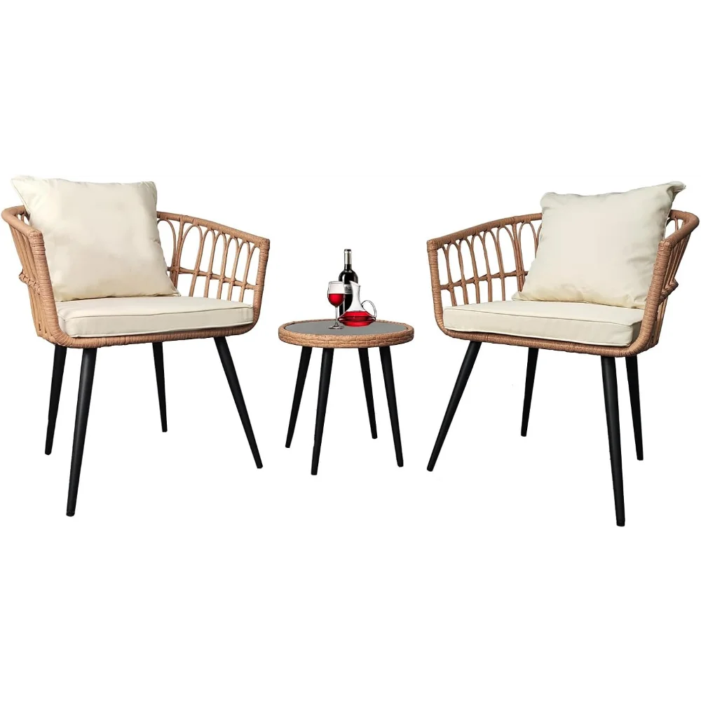 

3 Piece Patio Bistro Set,Outdoor Rattan Furniture,All-Weather Patio Furniture Set with 2 Chairs and 1 Glass Table for Balcony