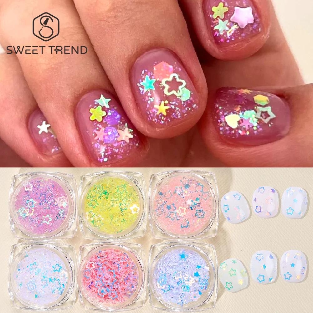 SWEET TREND - 6 boîtes de paillettes étoiles creuses irisées pour nail art, accessoires de paillettes holographiques