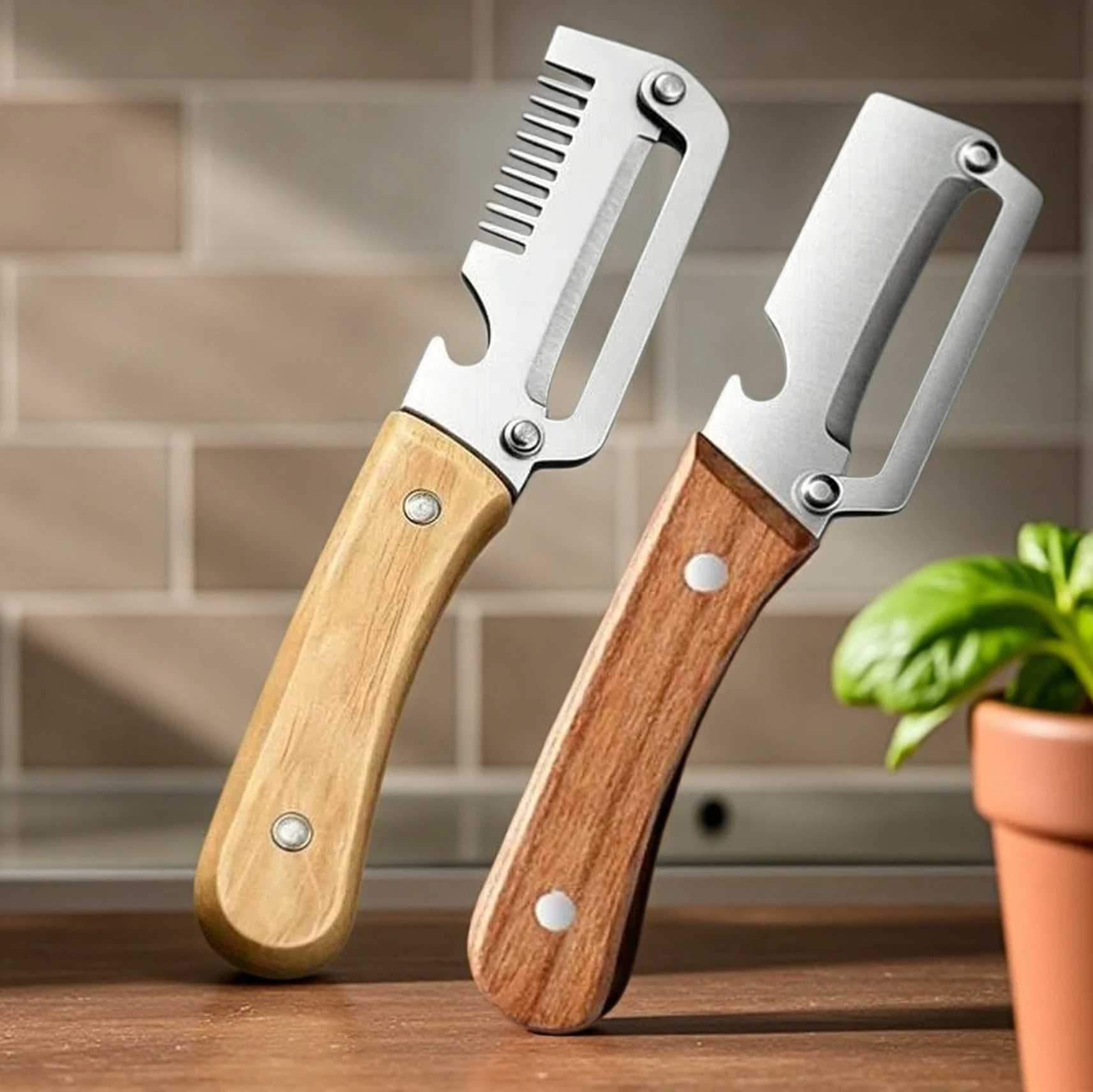 Ensemble de 2 éplucheurs de cuisine en acier inoxydable, éplucheur de légumes avec manche en bois pour éplucher et trancher les fruits et légumes, outil de cuisine