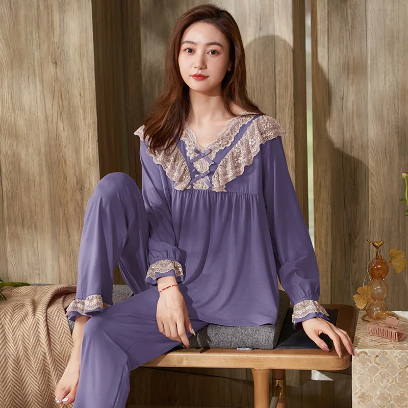 Women's Pajamas Set V-Neck Lace Modal Pijamas Mujer 2pieces/set For Home Sleepwear Spring Autumn Big Yards M-XXXL Female Pyjamas