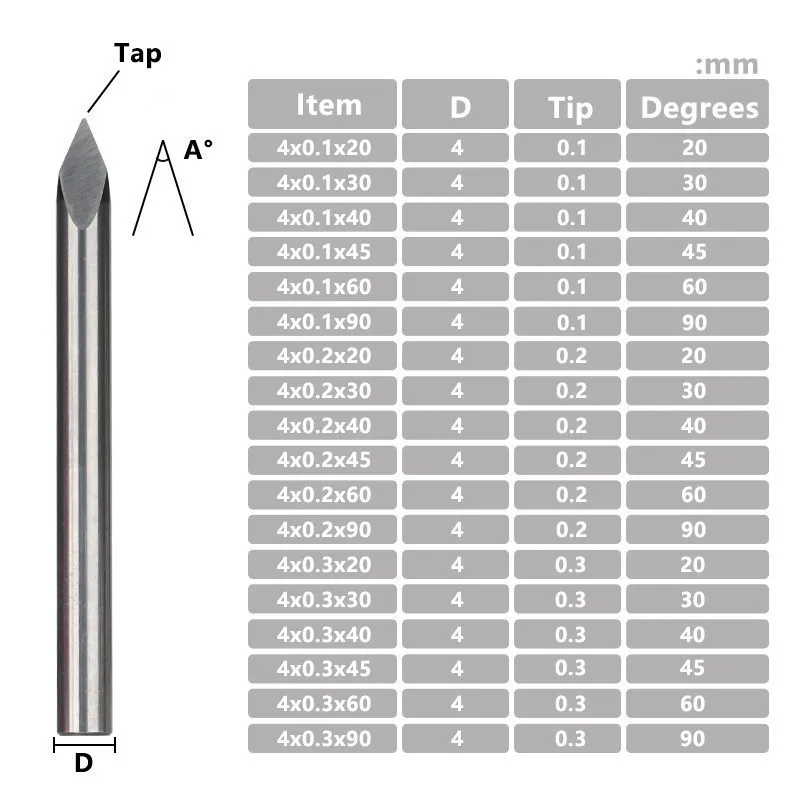 Fresa in metallo duro con gambo XCAN 4mm fresa per incisione a piramide a 3 bordi punta da 20-90 gradi 0.1/0.2/0.3mm fresa per utensili per la