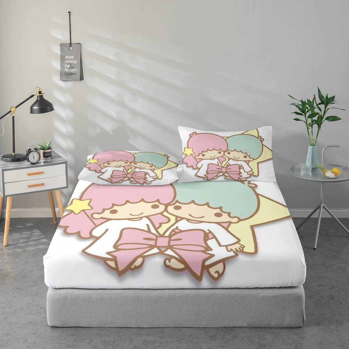 Juego de Sábanas de 3 Piezas con Estampado Digital de Alta Definición. Juego de Sábanas con Lindo Estampado de Dibujos Animados de Little Twin Stars, Juego de Sábanas con Estampado Floral Grande Incluye 1 sábana ajustable + 1/2 fundas de almohada. Adecuad