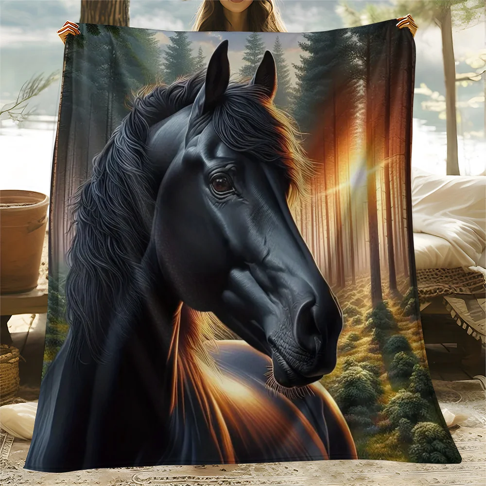 Artistic Horse Portrait Throw Blanket Nature Forest Mural Decor Couch Throw Cozy Camping Picnic Gift for Home Living Room