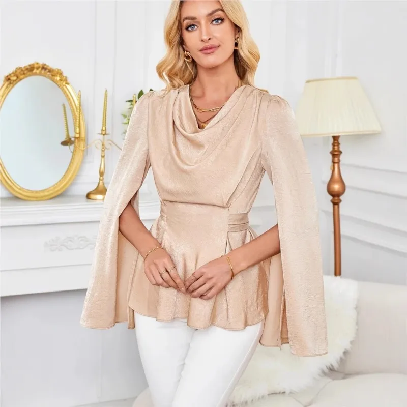 

Temperament Ladies Satin Shirt Solid Color Swing Collar Tied Waist Blouse Women's Slim Fit Long Sleeved Slim T-Shirt Female