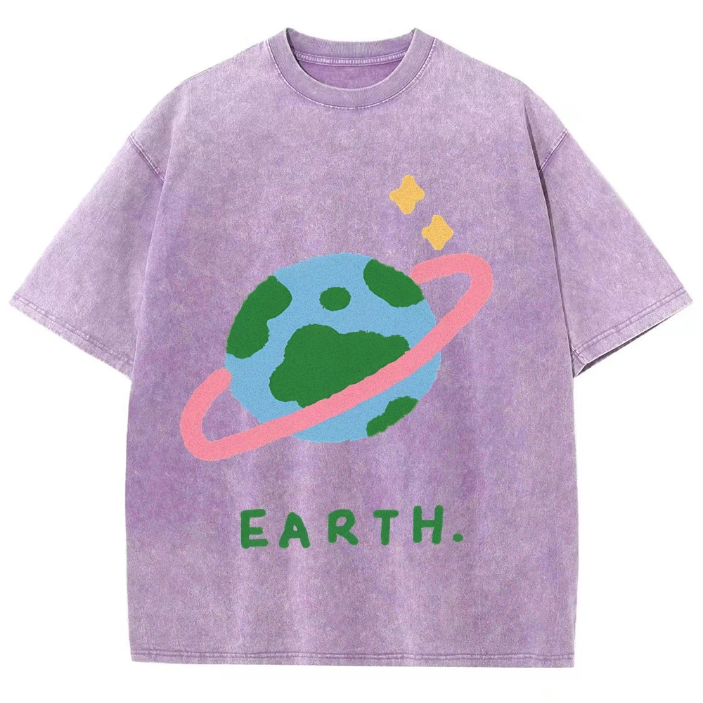 

Cute Earth Cartoon Pattern Vintage Snowflake Washed T-Shirt Trendy Y2K Women's Short Sleeve Cartoon Print Cute Aesthetic