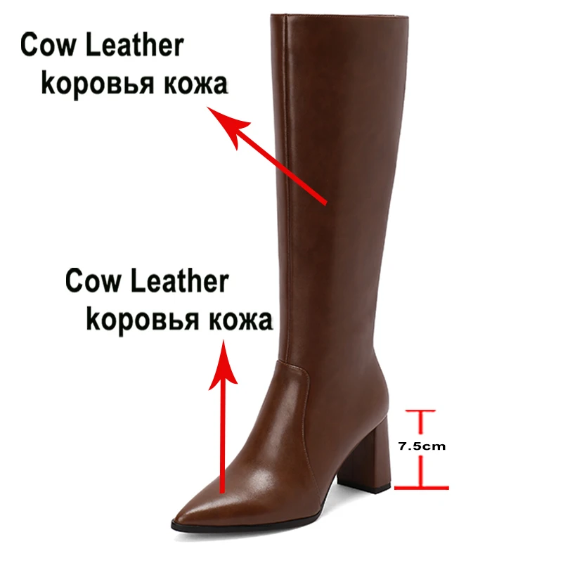 Meotina Women Genuine Leather Knee High Long Boots Pointed Toe Block High Heels Zipper Gogo Boot Lady Fashion Shoes Winter Brown