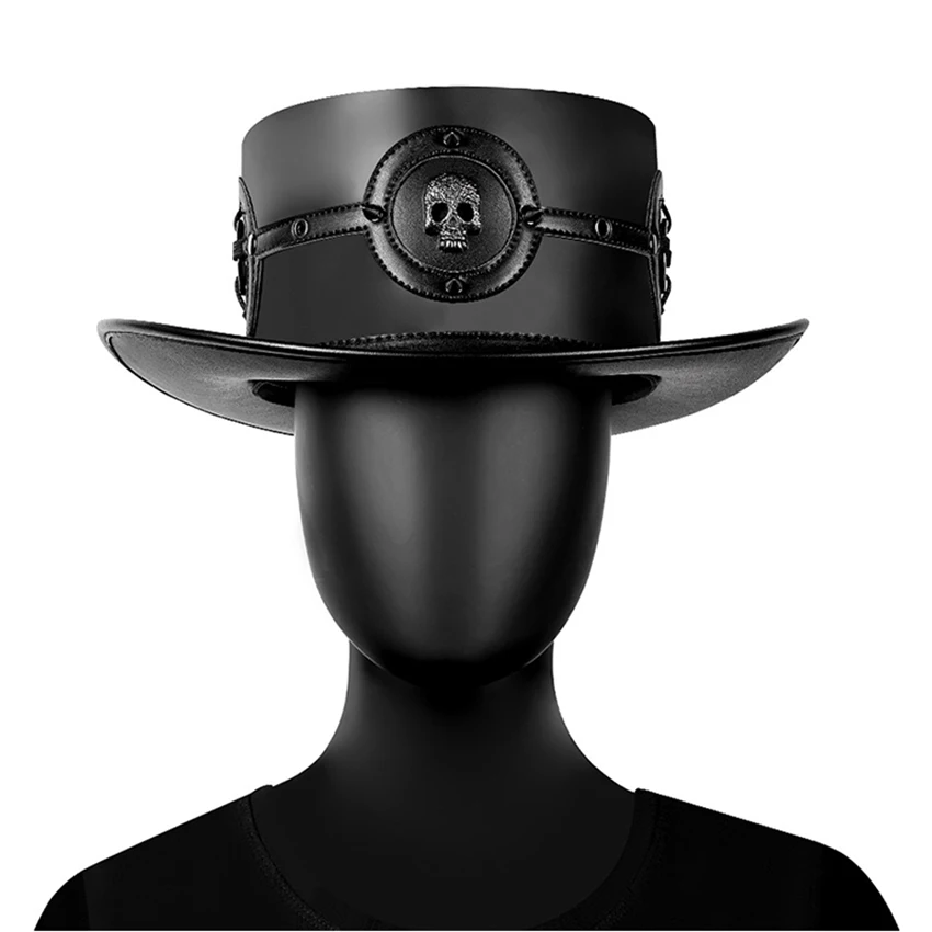 PU Leather Gothic Hat for Women Skull Magic Knight Cosplay Flat Formal Fancy Party Hat Halloween Steampunk Prop Adult Headgear