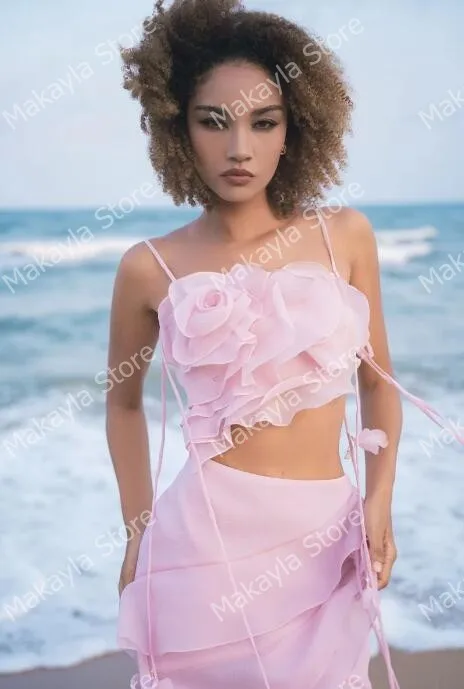 Beach Pink Mesh Cocktail Dresses Chic Spaghetti Strap Flower Tulle Prom Party Gowns Pretty Ruffles Tiered A-line Brithday Dress