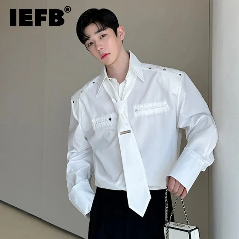 

IEFB Autumn New Trendy Male Long Sleeve Shirt Rivet Decoration Design Korean Tie Loose Casual Shirts 2024 Men Wear 9C7258