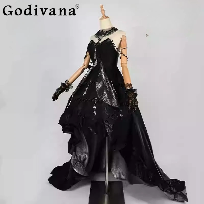 Two Dimensional Game Dress Women's Black Cosplay Carnival Party Long Dress Female Christmas Banquet Cos Dress Set