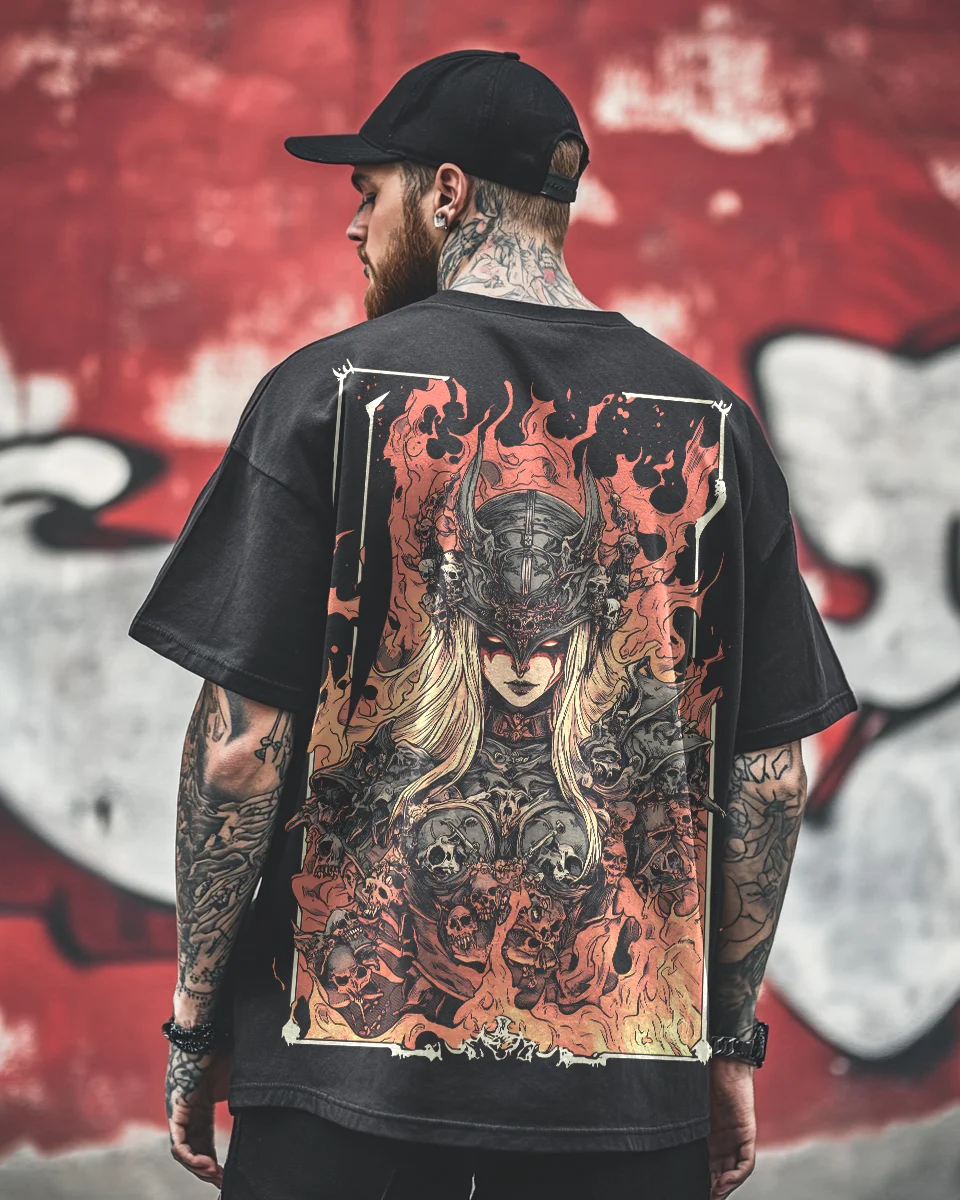 Warrior Valkyrie Knight Skeleton Flame Large Back Frame Printed Men's T-shirt Retro Gothic Metal Street Wear Casual Top