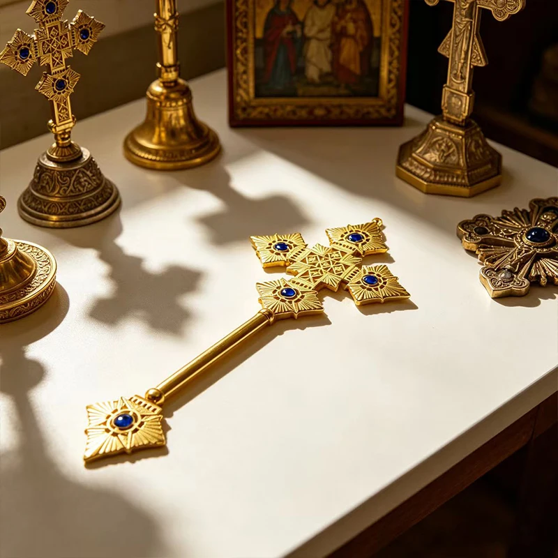 New Ornate Gold Metal Orthodox Hand Cross with Icons and Gems Byzantine Priest Blessing Crucifix Altar Decor Christian Gift Set