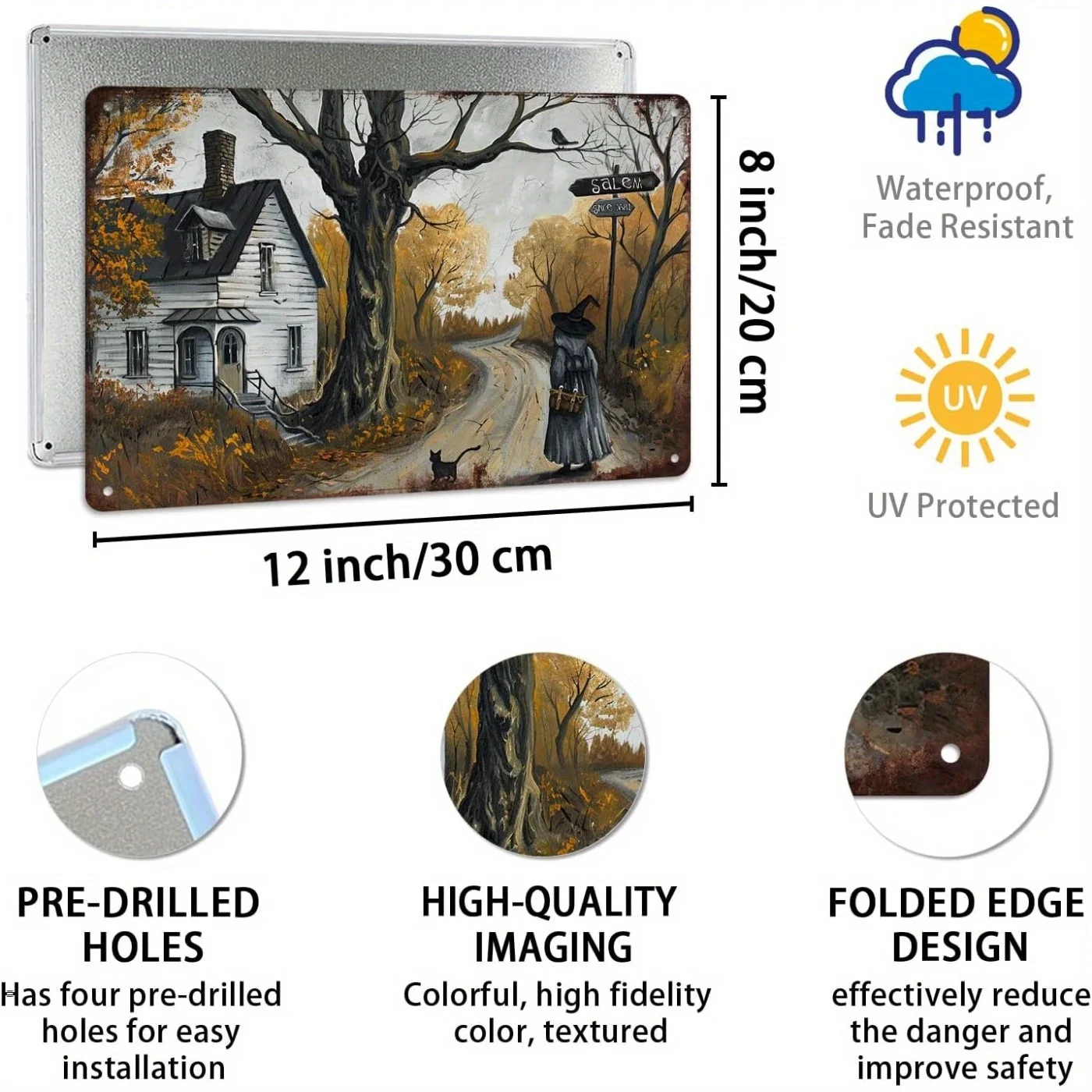 2D Flat Vintage Salem Witch House & Cat Metal Tin Sign, Spooky Halloween Autumn Scene Wall Art, Rustic Indoor Outdoor Home Decor