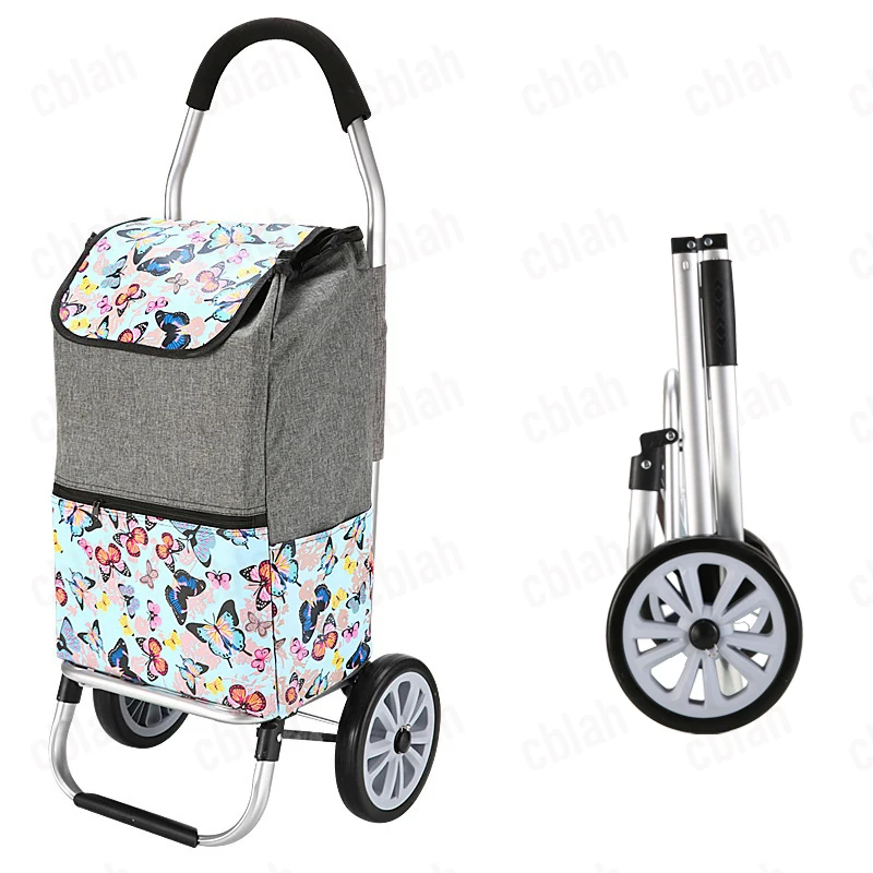 Ultra-Light Aluminum Alloy Shopping Cart Trolley with Big Wheels 35L Storage Bags Pull Rod Retractable Foldable Grocery Cart