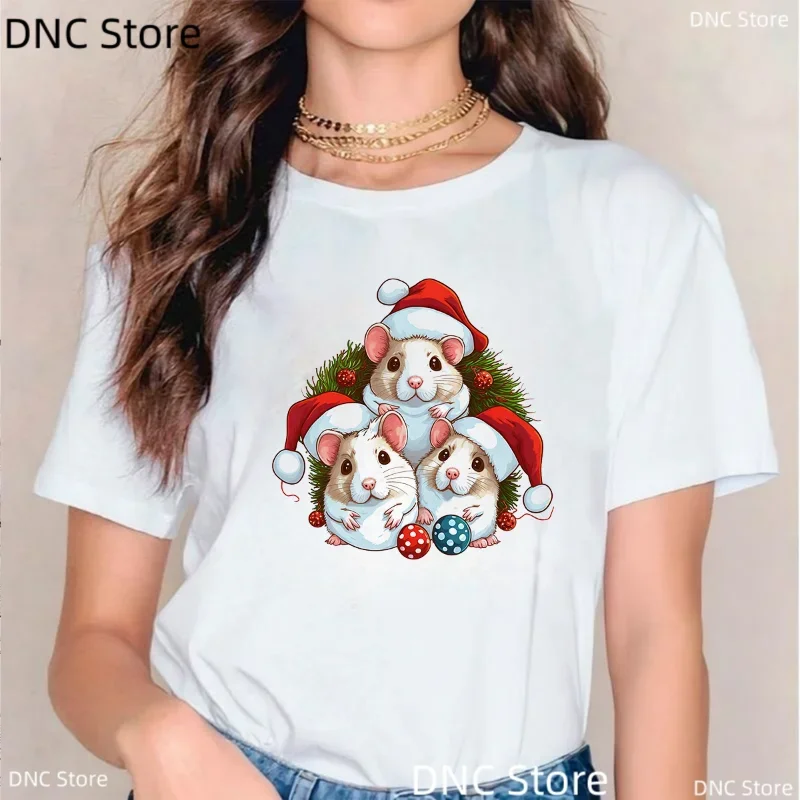 Women Christmas Hamster Santa Hat Graphic T Shirt Cute Small Pet Holly Bauble Print Casual O Neck Short Sleeve Tee