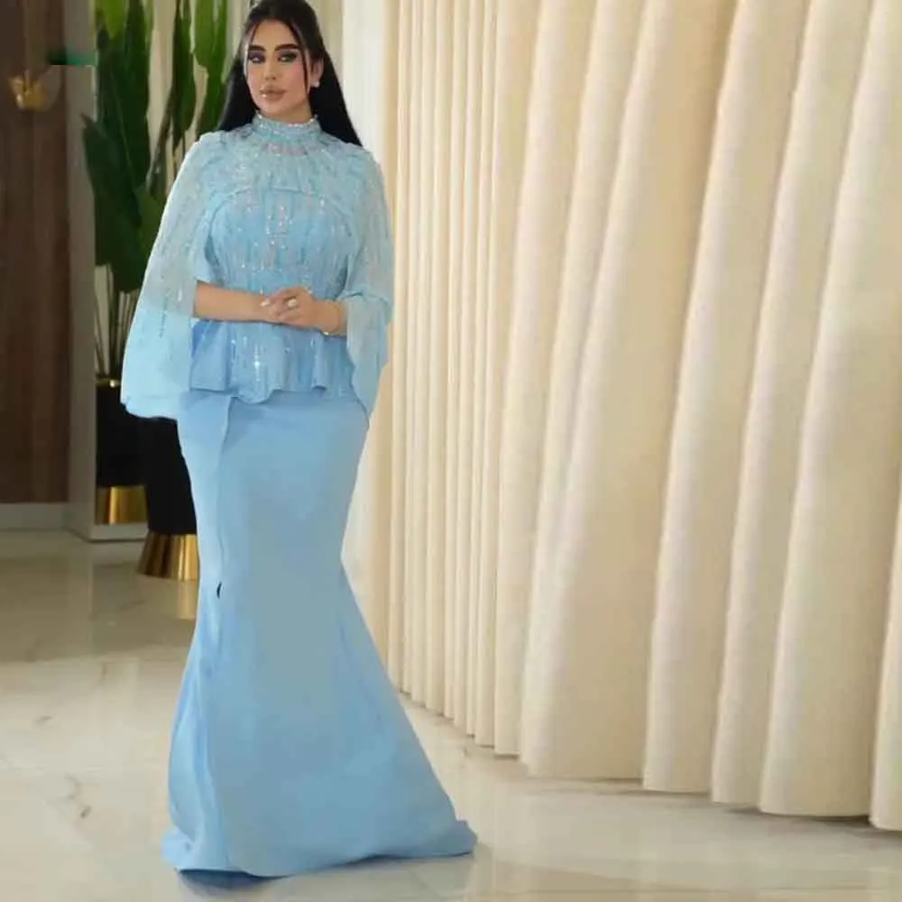 

Вечернее платье с баской по индивидуальному заказу и короткой накидкой, высоким воротником и бисером, топ, свадебное платье для гостей, синее атласное платье, платья de fiesta