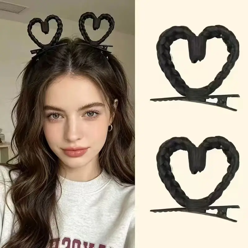 2/4pcs cute heart-shaped braided hair clip synthetic heart-shaped hair clip cute daily girl hairstyle accessory.