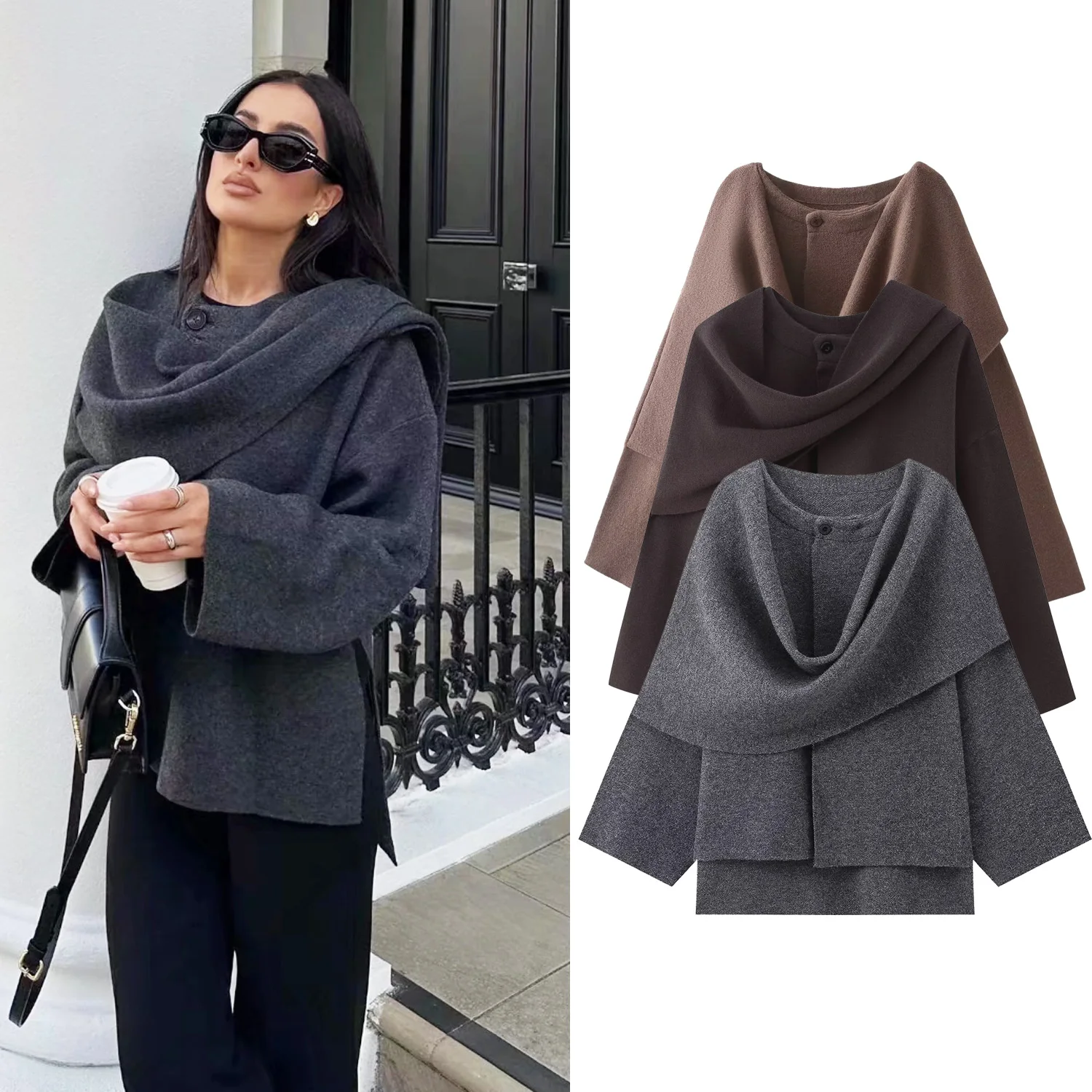 

Women Autumn Winter Knitted Loose Oversize Coat Female Casual Commuter Coat Asymmetric Split Chic Scarf Collar Jacket