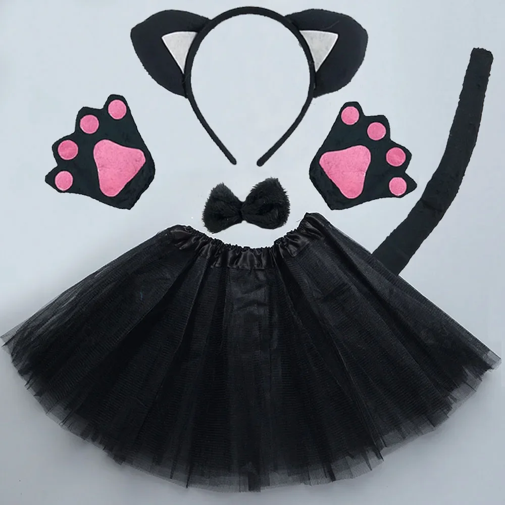 Disfraz de gato blanco y negro para niños y niñas, diadema con orejas, cola, falda con lazo, tutú para Halloween, conjunto de Cosplay de animales