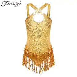 Kids Girls Sequins Fringe Latin Dance Leotard Dress Tassels Jazz Tango Salsa Samba Rumba Dance Performance Costume Dancewear