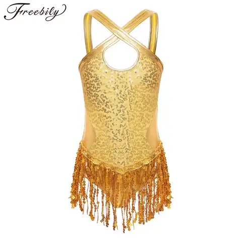 Kids Girls Sequins Fringe Latin Dance Leotard Dress Tassels Jazz Tango Salsa Samba Rumba Dance Performance Costume Dancewear