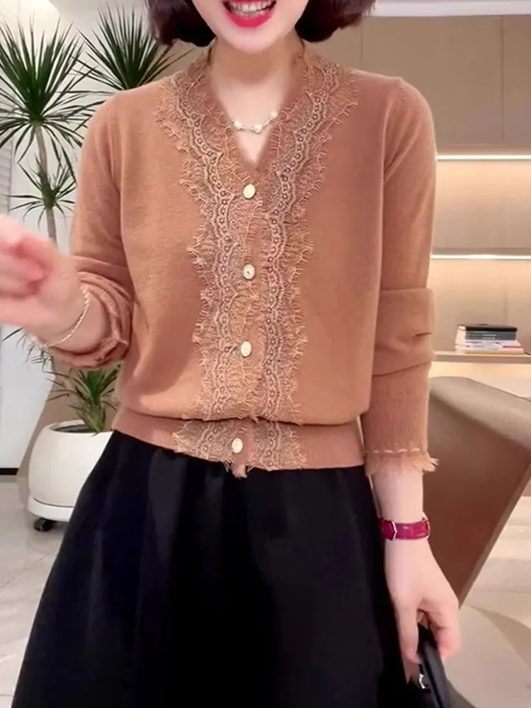 

Ele Lace V-Ne Knitted Long Sve Casual Base irt Sweater Korean Sle Commute Faion plus Size Knitwear
