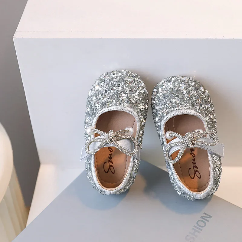 Spring Autumn New Girl Rhinestone Princess Shoes Children\'s Flats Cute Bling Bling Girls Ballet Flats Shoes Kids Leather Shoes