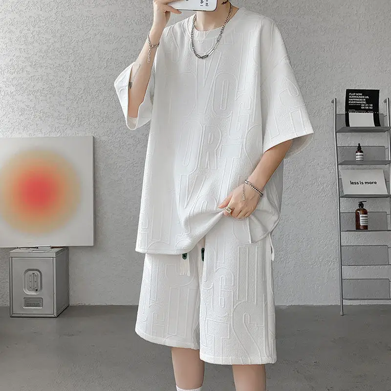 

Ice Silk ort Sve Set Men's Summer Haome High-End Feeling Teenage T-irt Trendy Casual Sports Men's Wear One Set